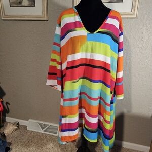 Portocruz Womens XL Multicolor‎ Striped V-Neck 3/4 Sleeve Swim Cover Up